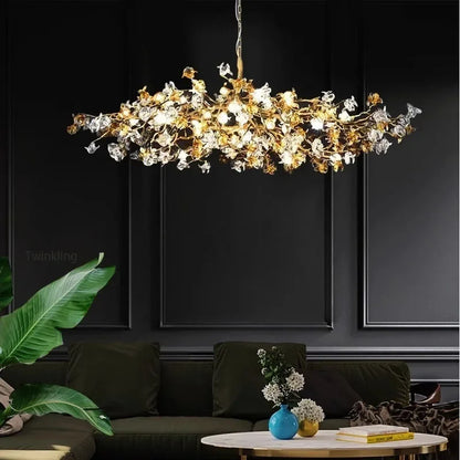 Linear crystal chandelier measuring 220 by 75 centimetres
