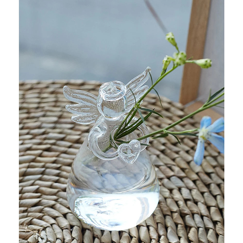 Large angel-shaped glass hanging vase 7.5x12cm with hydroponic plant inside