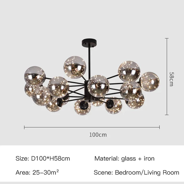 Nordic glass ball chandelier shown lit in warm white LED light