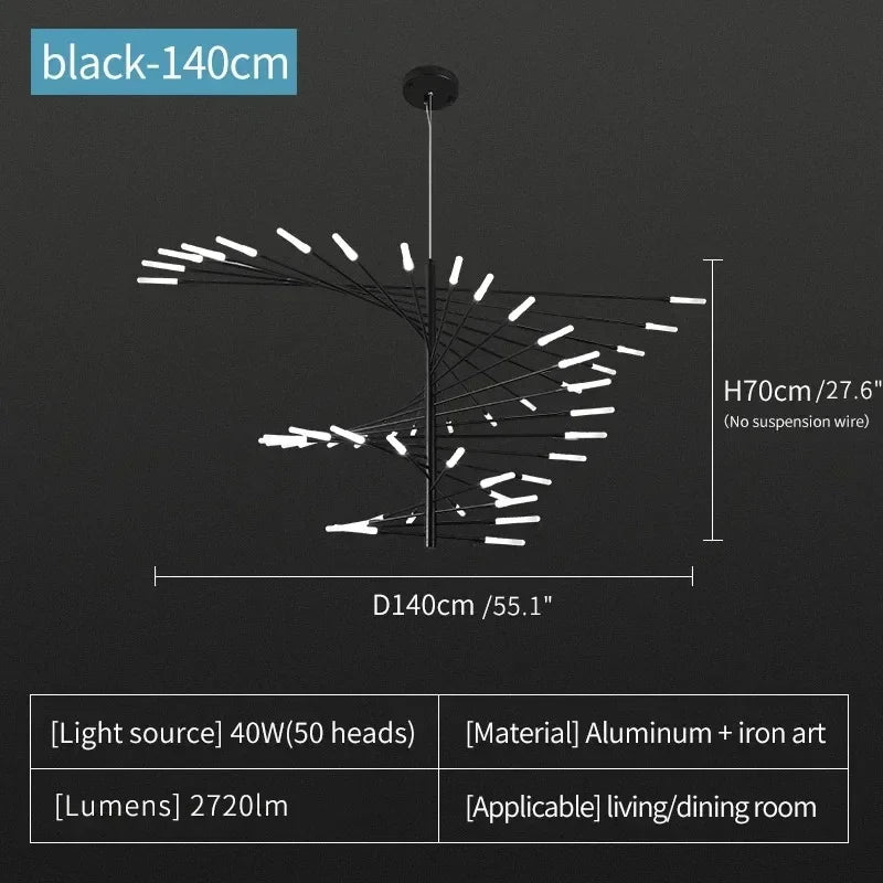 Black firework burst chandelier with 50 lights for a loft space