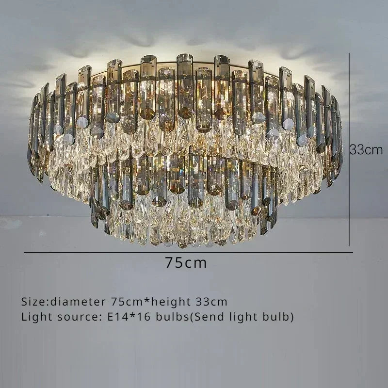 Round crystal chandelier shown lit in warm E14 LED light