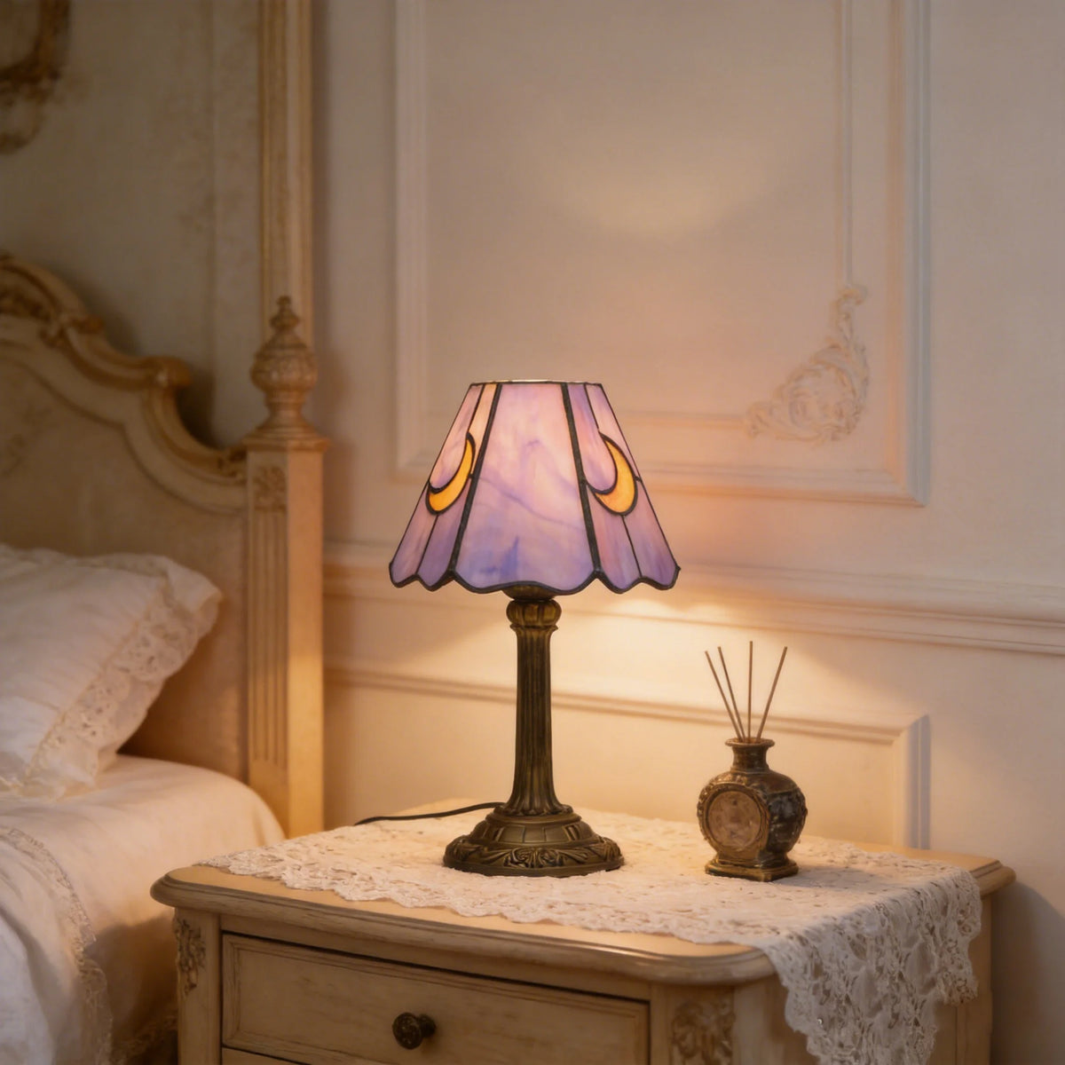 Tiffany purple moon stained glass table lamp switched on jewel glow