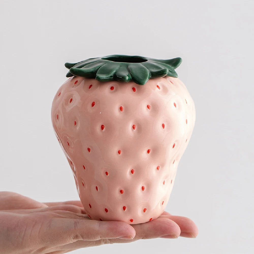 Strawberry ceramic flower vase in red and pink home décor