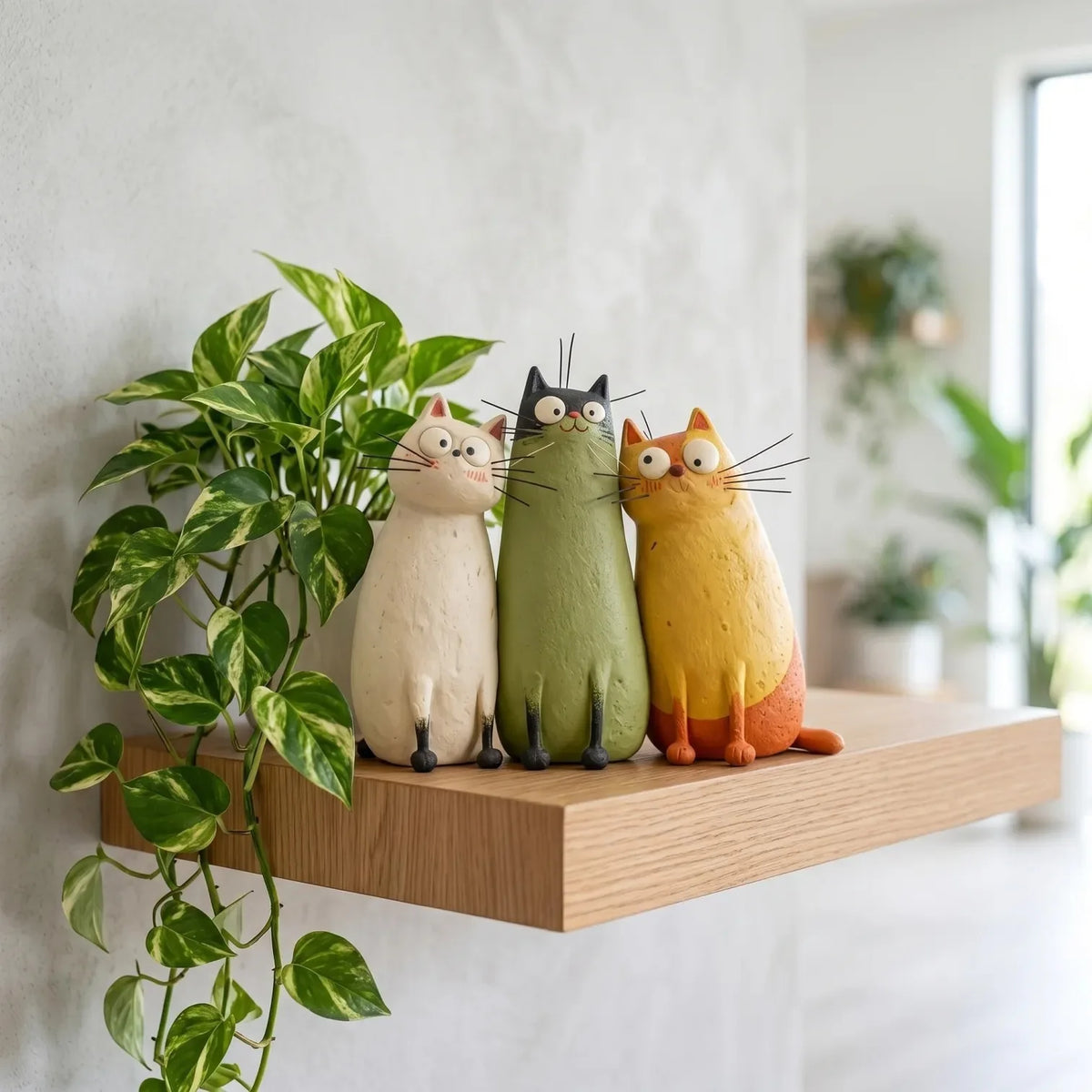 Green resin cat novelty vase with narrow elongated neck displayed on white shelf