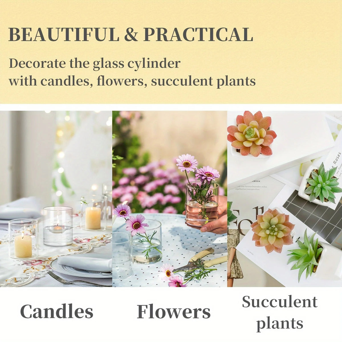 Set of three acrylic cylinder vases used as Christmas table centrepiece display