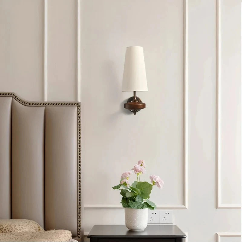 wood wall sconce, detail view of fixture base and arm