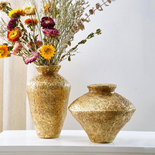 Retro antique gold earthenware jar vase short wide style on a wooden console