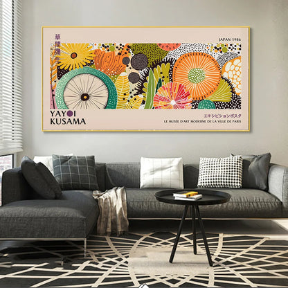 Yayoi Kusama inspired polka dot canvas wall art — full product view with size reference
