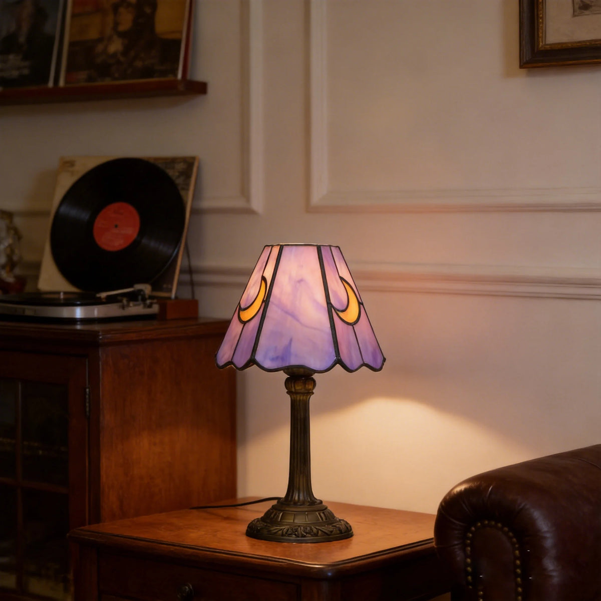 Purple stained glass lamp shade close-up showing hand-assembled panels