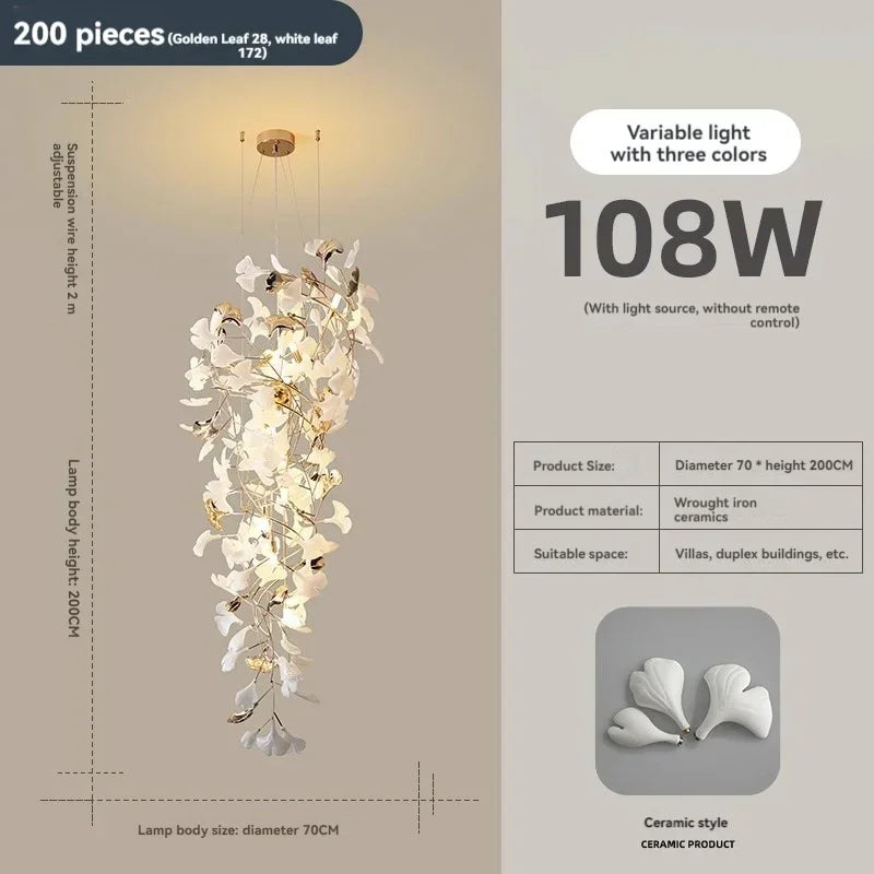 Layered ginkgo leaf chandelier with three-color light and 90 to 260V power
