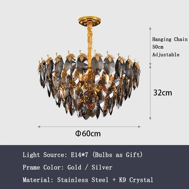 Three color change crystal leaf chandelier in a polished silver finish