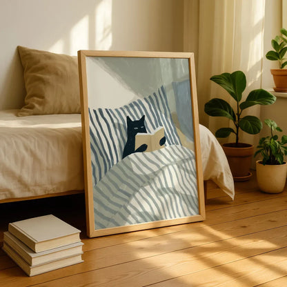 Black Cat Reading Cosy Bedroom Canvas Wall Art