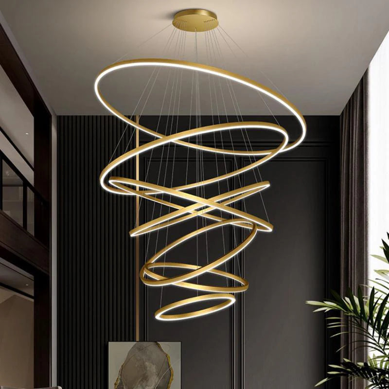 Black acrylic ring chandelier with six rings and an adjustable drop