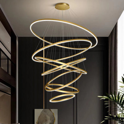 Black acrylic ring chandelier with six rings and an adjustable drop