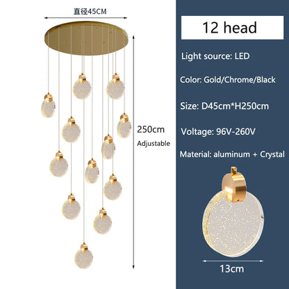 Cool light setting across the crystal of a postmodern chandelier