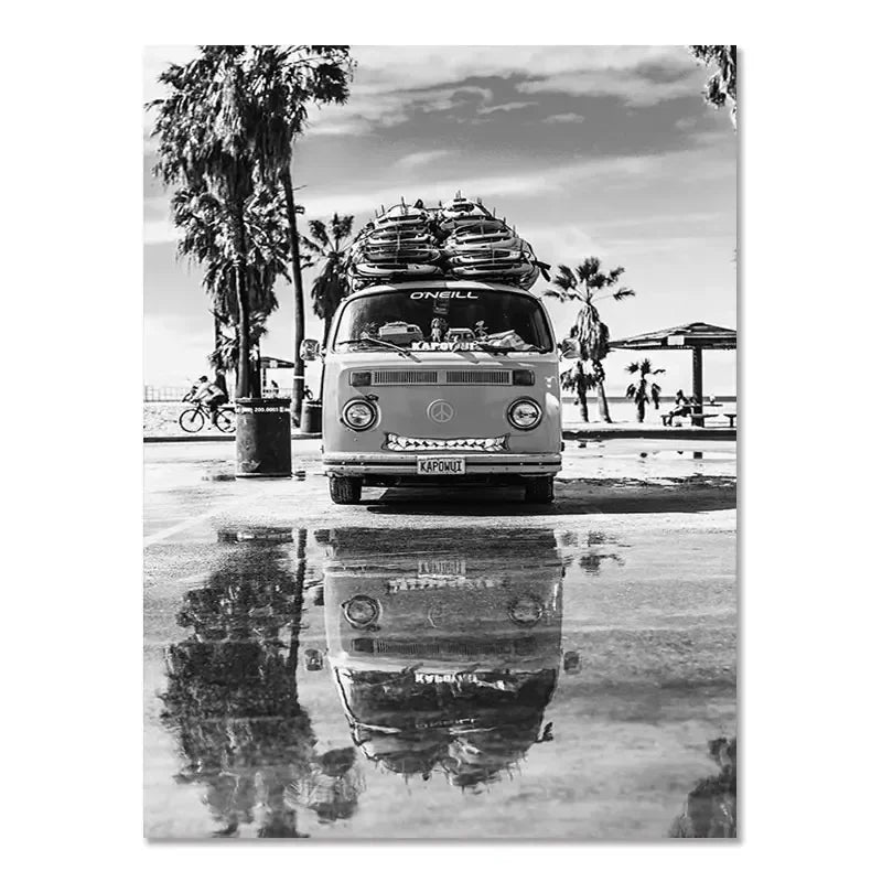 Beach Camper Van Surf Ocean Landscape Canvas Wall Art
