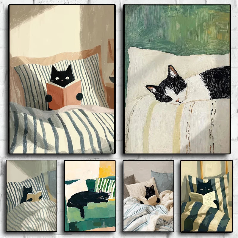 Black Cat Reading Cosy Bedroom Canvas Wall Art