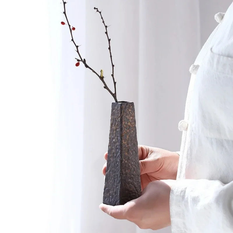 Style E artisan pottery mini vase with natural ash glaze on linen cloth
