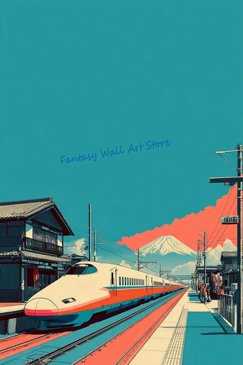 Vintage Japanese Railway Landscape Canvas Wall Art
