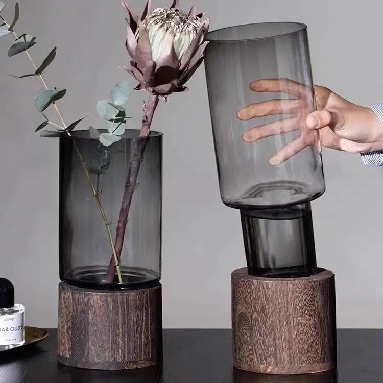 Style E glass bud vase with wide wooden base for a small flower arrangement