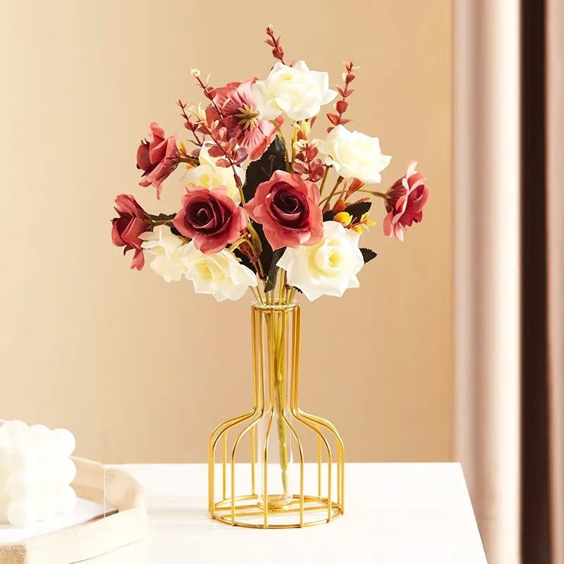 Iron art hollow gold vase with hydroponic test tube flower display