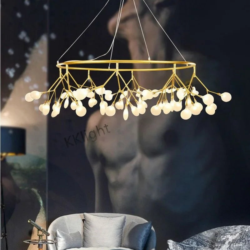 Nordic firefly chandelier with tiny acrylic heads on a plated iron frame