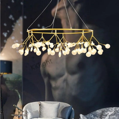 Nordic firefly chandelier with tiny acrylic heads on a plated iron frame