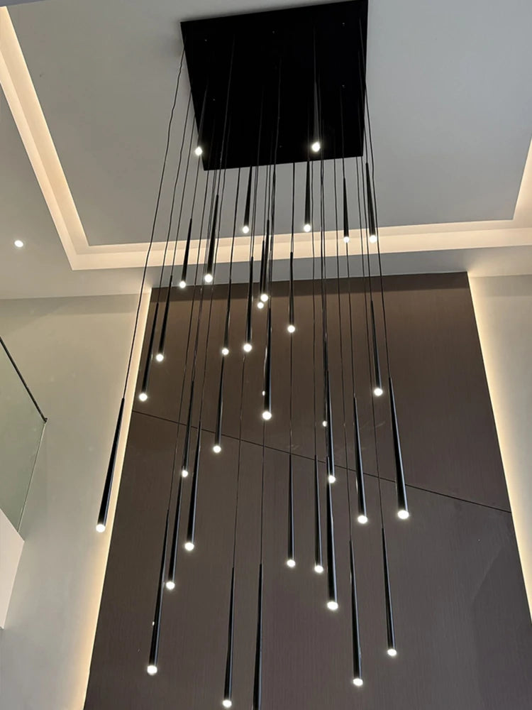 Nordic long staircase chandelier with slim black aluminum rods on cords