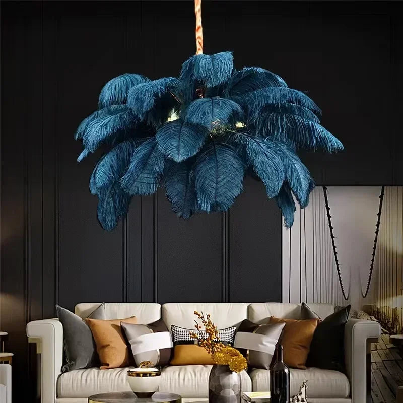 Grey feather ring chandelier diffusing a single bulb to soft light