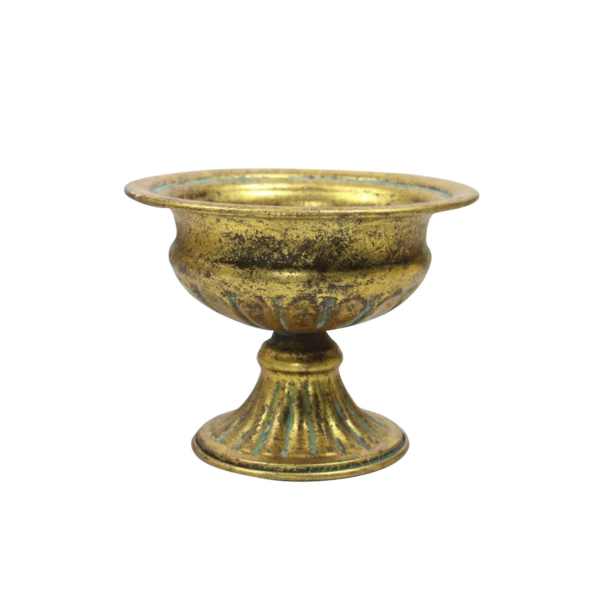 Two gold metal vases at different sizes flanking a floral table centrepiece