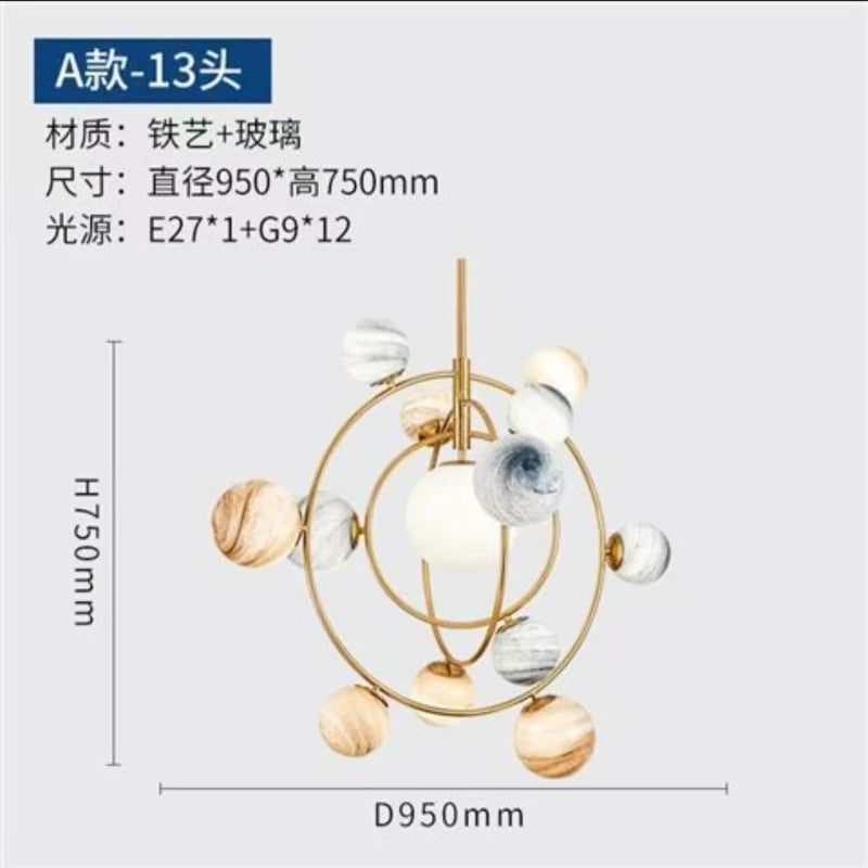 Variant A planet globe chandelier with seven spheres in gold metal