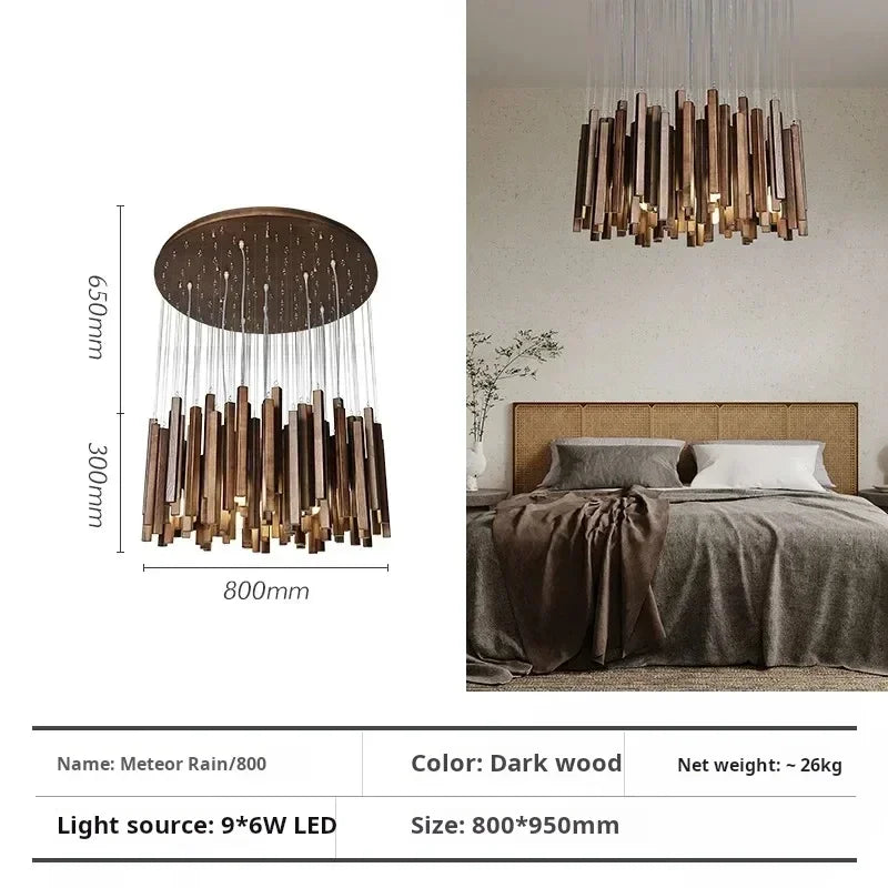 Light wood chandelier measuring 31.5 in (80 cm) with six heads