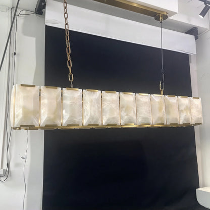 Alabaster linear bar chandelier with matt white crystal on a steel frame
