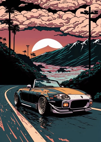 Retro GTR Japanese Landscape Car Canvas Wall Art