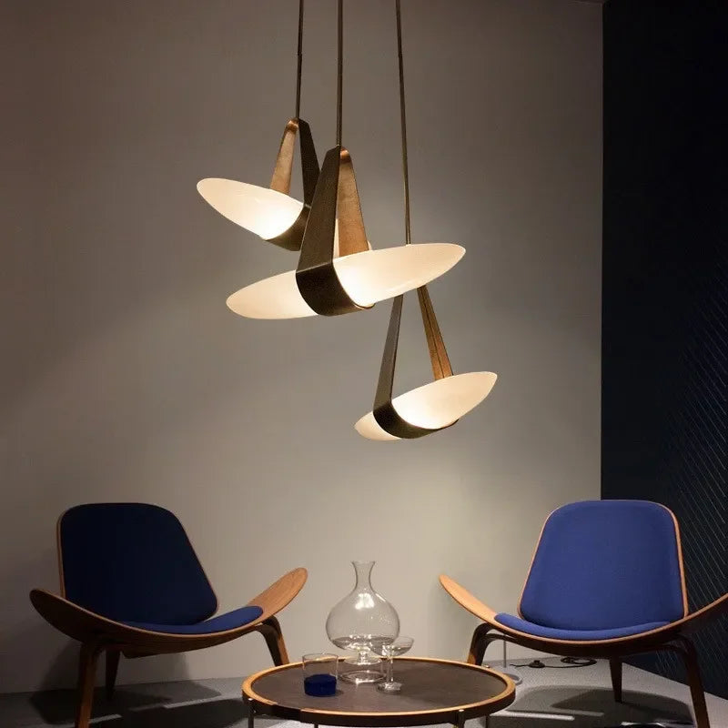 Nordic leather chandelier with a single shade on a plated metal frame