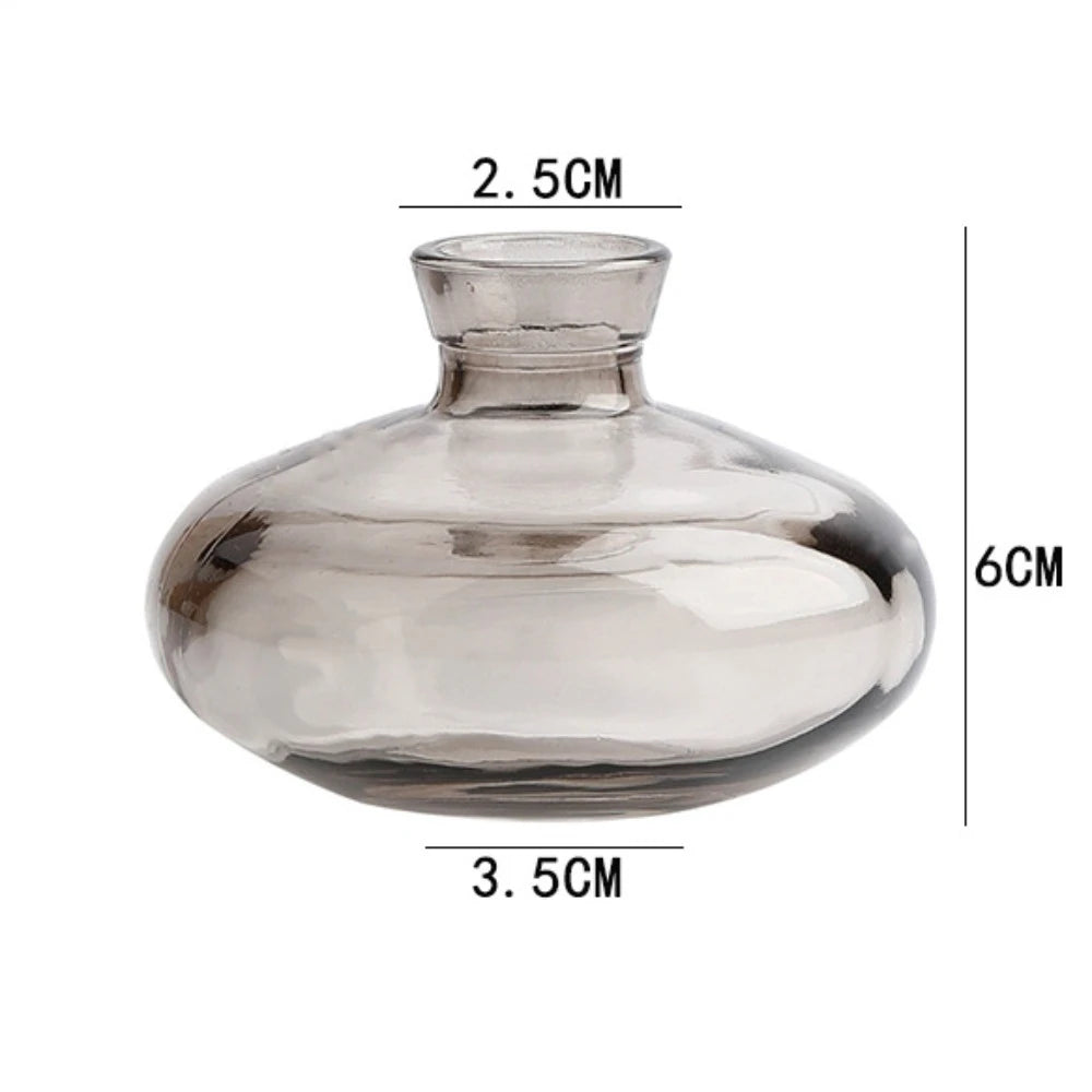 Mini glass vase with fresh green plant cutting in water on desk