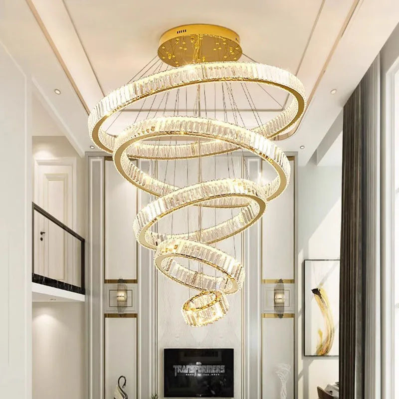 Cold white setting on a multi ring crystal and ironwork chandelier