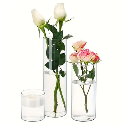 Shatterproof transparent acrylic cylinder vase 10x25cm on a dining table centrepiece