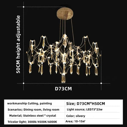 Polished gold crystal chandelier radiating from a single iron hub