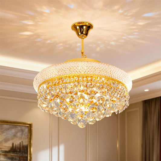 Gold empire crystal chandelier with cascading crystal on an iron frame