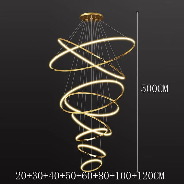 Gold stacked ring chandelier arranged in a descending spiral