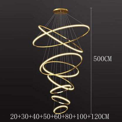 Gold stacked ring chandelier arranged in a descending spiral