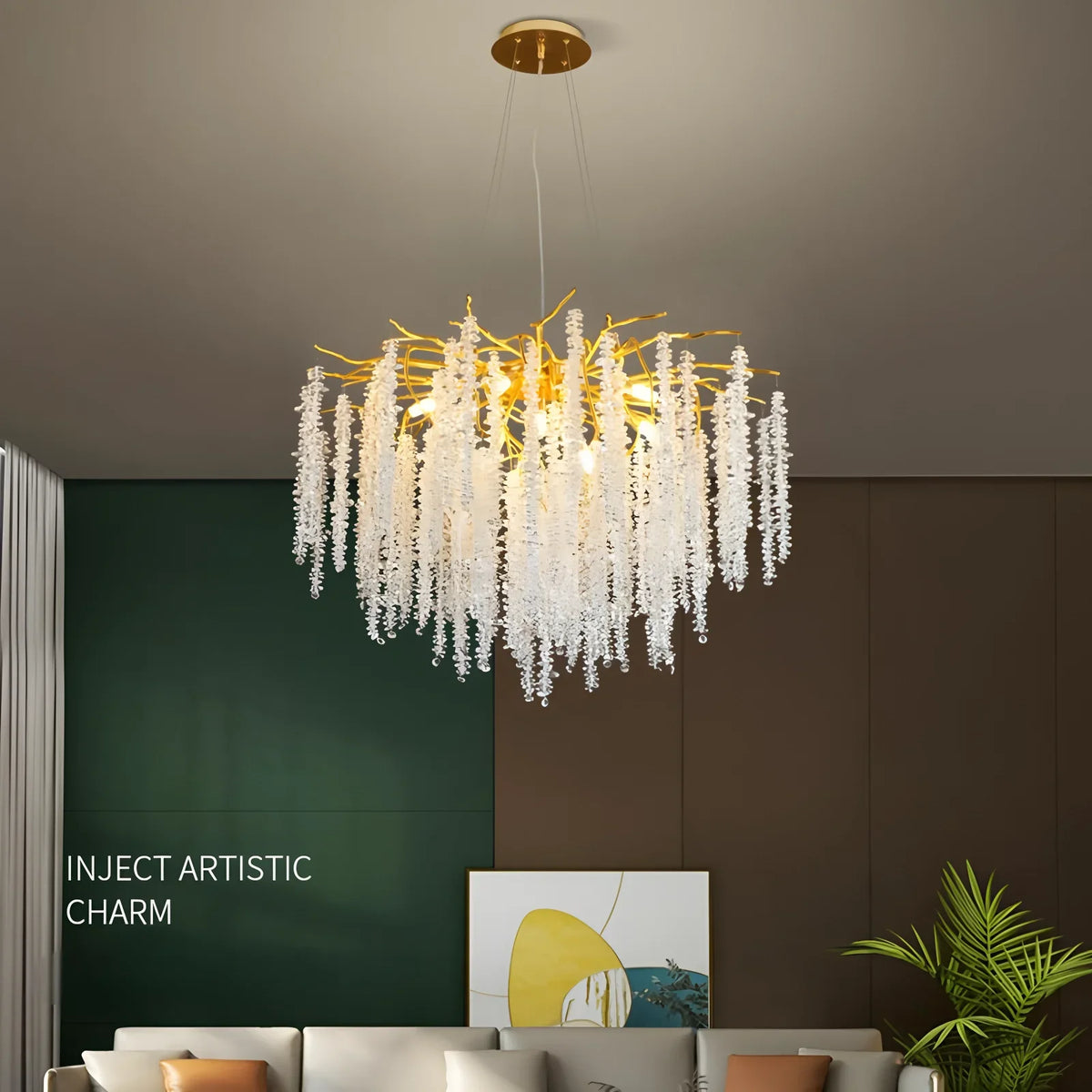Radiating crystal branches on an aluminium chandelier body, 90 to 260V