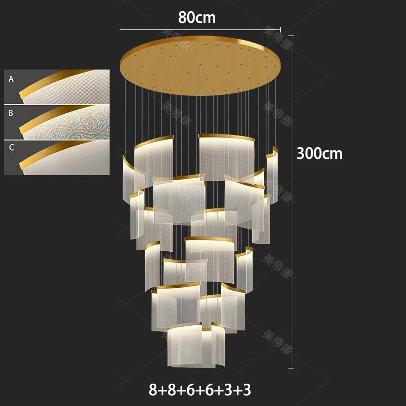 Style C acrylic stairwell chandelier in a gold iron finish