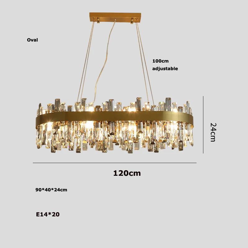 Dimmable crystal chandelier with remote control and polished steel frame