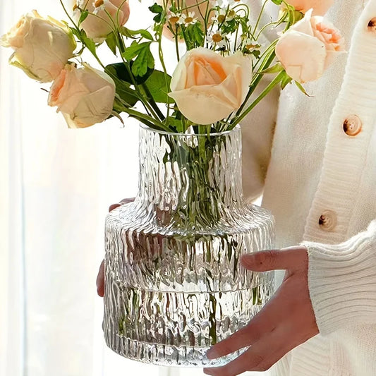 Handmade glacier textured glass vase with 8cm wide mouth for full bouquet display