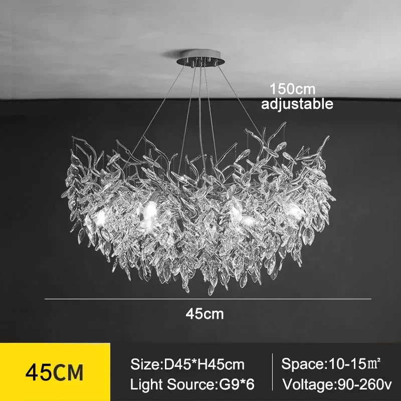 Elongated crystal chandelier body at 47.2 in long on a plated frame