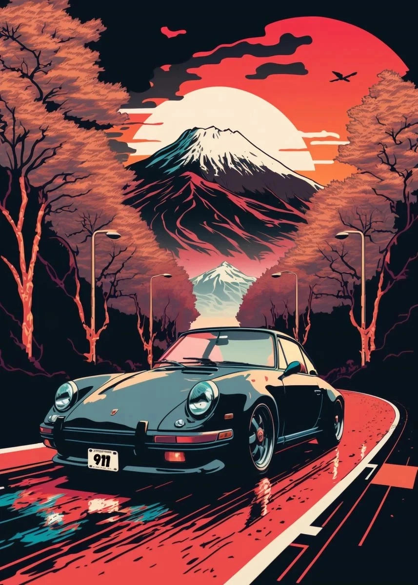 Retro GTR Japanese Landscape Car Canvas Wall Art