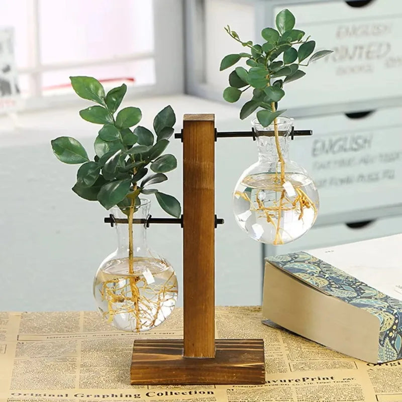Wooden-frame glass tube hydroponic planter stand for indoor plant propagation