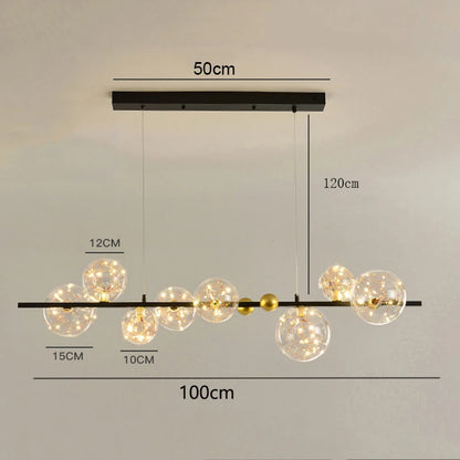 Row of glass shades on an iron chandelier bar in natural white light
